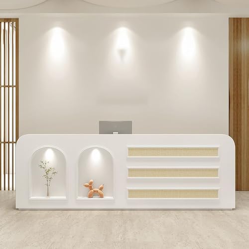 Modern Reception Desk with Storage Cabinet, Lockable Drawer, Double Tabletop – E1 Grade MDF Front Desk for Office, Salon, Retail & Reception Areas(White,L63 xW24 xH39)