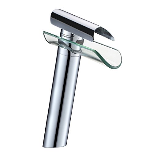 Grifo Lavabo Monomando Cascada Cristal Monobloque 1,05kg - Hapilife Grifería Mezclador de Caño Alto 270mm Sobre Encimera para Cuarto de Baño, 10 Años Garantía