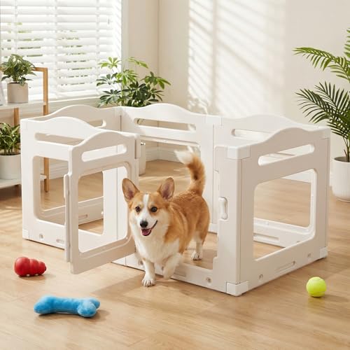 Clevich Recinto per Cani da Interno in Acrilico 129 × 68 × 60 cm, 5 PCS +1 Pannelli con Porta a Chiusura, Recinto per Cani Pieghevole con Ventose, Parco adatto per Appartamento, Bianco