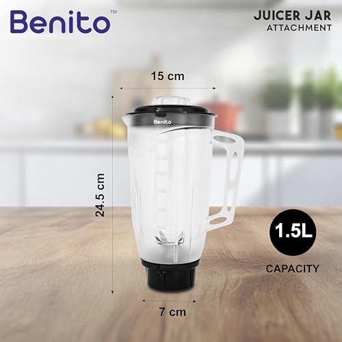 Image of Benito Nova Transparent Polycarbonate Juicer Jar (1.5L) for Mixer Grinder - Compatible with 4-Teeth Coupler & Dual Locking System.