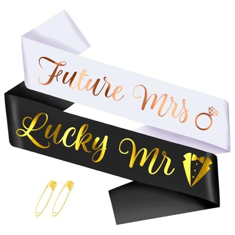 SKJIAYEE Future Mrs & Lucky Mr - Bride to Be Sash and Groom to Be Sash Kit, Gold Glitter Bachelorette & Bachelor Sash for Wedding Bridal Shower Party Decorations Engagement Gifts (White and Black) Cover
