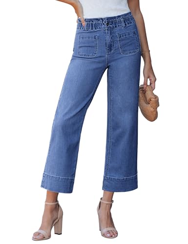 luvamia Cropped Summer Jeans for Women Wide Leg Patch Pocket Paper Bag Waist Wide Leg Denim Pants for Women Stretchy High Waisted Trouser Jeans Medium Blue Large US Size 12-14