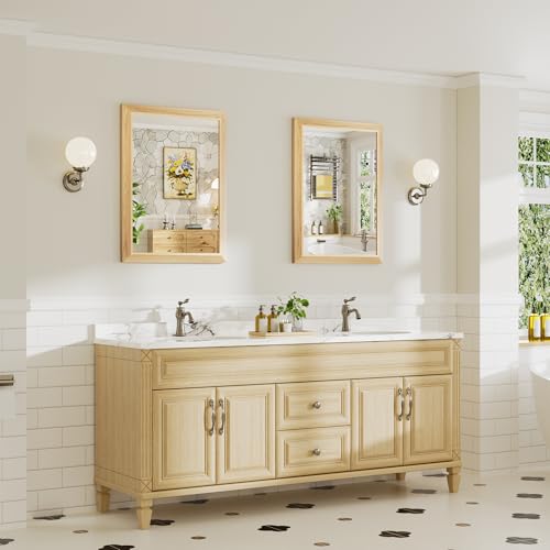 Image of 24x32 Inch Bathroom Mirror for Wall, Anti-Rust Oak Wood Grain Metal Framed Bathroom Mirrors for Over Sink,Rectangler Mirrors for Bathroom Vanity, Farmhouse, Bedroom, Living Room, Entryway Decor