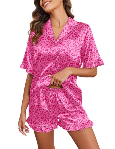 Image of Ekouaer Satin Pajama Set for Women 2 Piece Pj Sets Short Sleeve Sleepwear | Super Soft Silky Summer Loungewear Set with Ruffle Short Sleeve Top and Pocket Shorts, Casual Travel Daily Gift