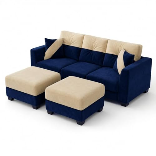 Image of Revola 5 Seater L Shape Sofa Set with 2 Movable Ottomans | Flexible Layout | Luxury Velvet Suede Fabric | Modern Living Room Sofa | Dark Blue-Cream