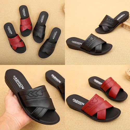 AngryMonkey Women's Wedge Stitch Slippers,Summer Lightweight Comfort Open Toe Casual Slide Softsole Embroidery Leather Sandals4