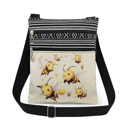 Playful Bees Print Adjustable Shoulder Strap Crossbody Bag Adorable Yellow & Black Striped Bumblebees Messenger Bag Christmas & Birthday Present for Sister​​ Teen Bee Lovers Gift