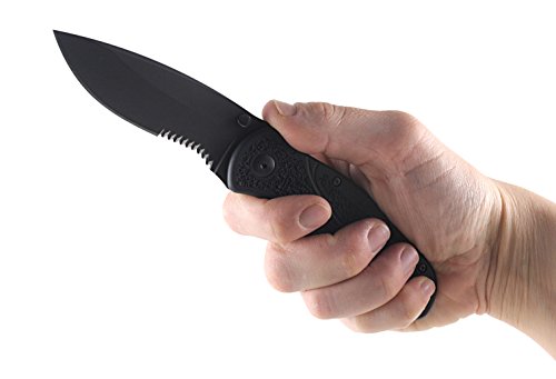 Image of Kershaw Blur,Black Serrated(1670BLKST); Folding Knife with All-Black Body,Partially Serrated 3.4 inch 14C28N Steel Blade,Anodized Aluminum Handle with Trac-Tec Grip,Reversible Pock lip; 3.9OZ