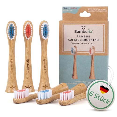 BAMBUNA Zestaw 6 wymiennych końcówek szczoteczkowych, na szczoteczkę soniczną Philips Sonicare, z bambusa, średnio miękkie, wyprodukowane w Niemczech, niebieskie/różowe