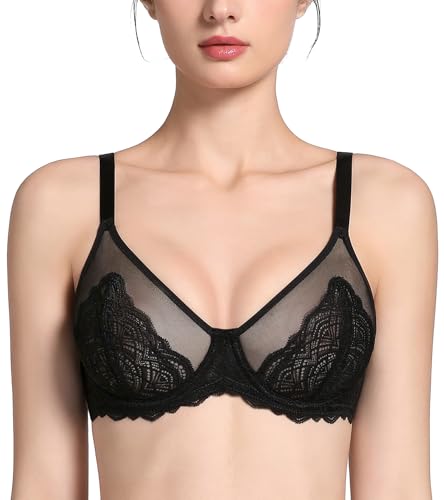 Lemorosy Women's Full Coverage Underwire Lace Unlined Minimizer Bra for Heavy Breast (34D, Black)