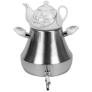 Modern Large Classic Iranian Samovar Russian Persian Turkish Tea Maker Water Kettle Heavy Thick Stainless Steel Ceramic Porcelain Teapot 6+1=7 Liter W/Faucet