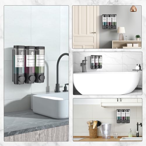 Shower Soap Dispenser Wall Mounted No Drill Shampoo Dispenser for Shower Wall Shampoo and Conditioner Dispenser Bathroom Hotel 3 * 300ml Black with Labels