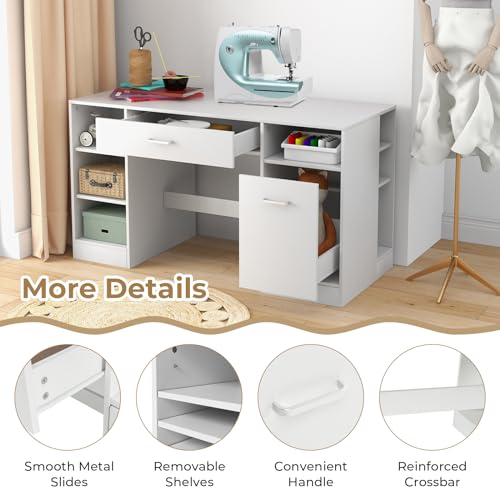 COSTWAY 53” Artwork Sewing Craft Table, Sewing Machine Cabinet w/Drawers & Open Storage Shelves, Modern Computer Desk Workstation, Multipurpose Counter Height Sewing Station for Home Office, White - Thumbnail 5