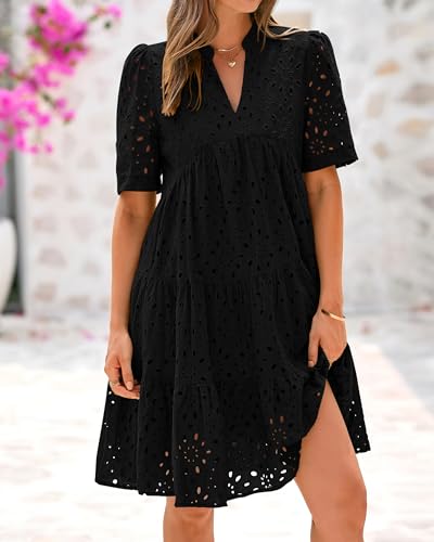 Image of BTFBM Womens Boho Summer Dresses 2026 Spring V Neck Short Sleeve Hollow Out Lace Ruffle Casual Beach Mini Vacation Dress