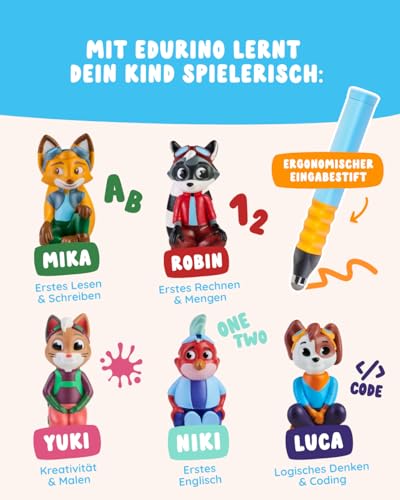 Edurino Bundle | 5 spannende Lernspiele | 4-8 Jahre | Lesen & Schreiben, Zahlen, Erstes Englisch, Logisches Denken, Kreativität inkl. Stift & Mäppchen