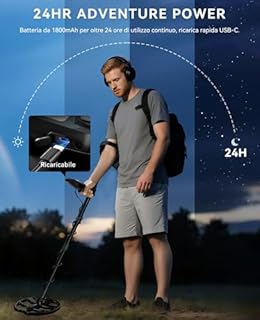 SUNPOW Metal Detector Professionale Ricaricabile per Adulti – 6 Tipi di Metallo, Bobina Impermeabile IP68, Display LCD, 5 Modalità di Ricerca per Spiaggia/Fiume/Outdoor | OT-MD16