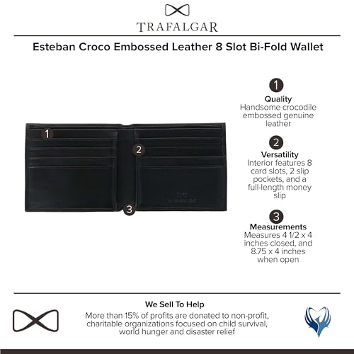 Trafalgar Men's Esteban Croco Embossed Leather 8 Slot Bi-Fold Wallet, Black2
