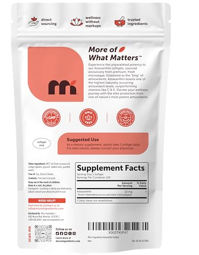 Micro Ingredients Astaxanthin 12mg with MCT Oil, 120 Softgels, 4 Month Supply | Premium Astaxanthin Antioxidant Supplements* | Fresh Microalgae Source | Triple Strength, Non-GMO, Gluten Free, No Soy