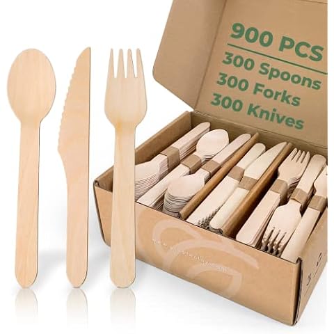 Wooden Compostable Utensils Set - 900 Pieces (300 Forks 300 Spoons 300 Knives) Sturdy Wood Disposable Cutlery - Eco-Friendly Biodegradable Utensils for Party - Free From Plastic Cutlery Set for Eating Cover