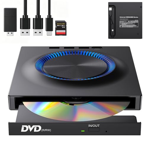 Image of Suxulxn External Blu-ray Drive, 7-in-1 Bluray/DVD/CD Burner With RGB Ambient Light, Portable Ultra-Slim Bluray Drive with SD Port, Compatible with Windows/Mac/Linux Laptop Desktop