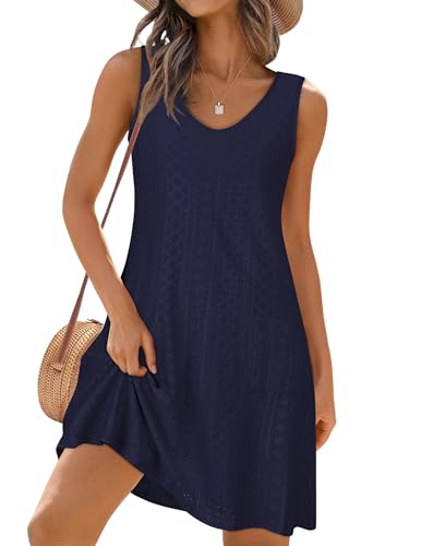 elescat Swimsuit Coverup Summer Dresses for Women Eyelet Casual Loose Sleeveless Sundress with Pockets (Navy Blue, M)