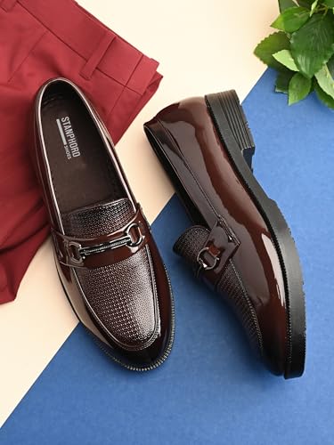 Image of STANPHORD Men Glossy Horsebit Loafer Shoes | Shiny PU Slip-On Moccasins | Cushioned Anti-Slip | Office Formal Party Business Wear(TPSL 25013)