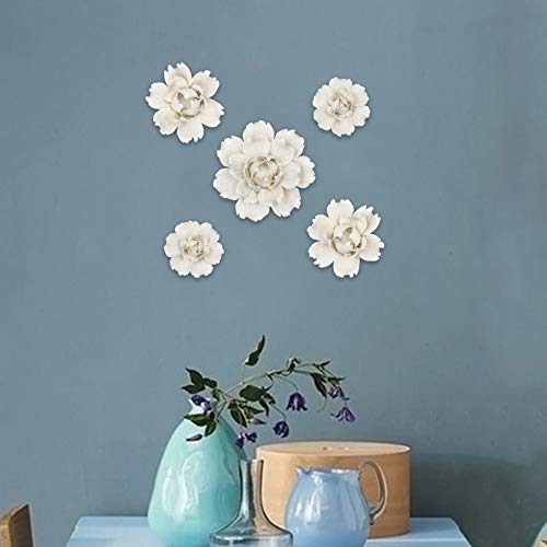 LIUCOGXI 5 Pcs Ceramic Flower Wall Decor Handcrafted 3D Hanging Porcelain Flowers Wall Art Ceramic Peony White Sculpture for Girls Room Hallway Farmhouse Home Decor