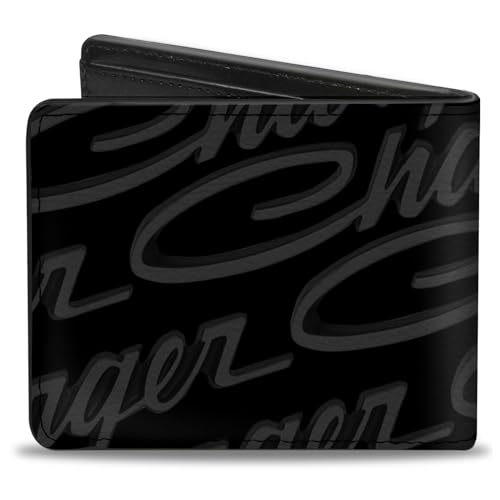 Buckle-Down Men's PU Bifold Wallet-Charger Script Emblem Repeat/Corner Black/Grays/White, Multicolor, 4.0" x 3.5"2
