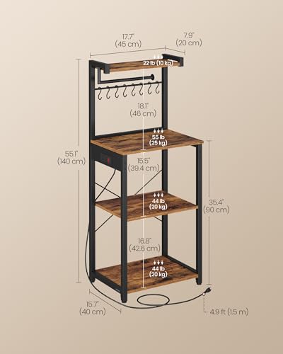 Image of VASAGLE BARNET Collection - Kitchen Bakers Rack with Power Outlet, 17.7-Inch Wide Coffee Bar 4-Tier with 8 S Hooks, Modern Microwave Stand, Adjustable Shelf, Rustic Brown and Ink Black UKKS013KD01