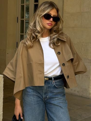 Cicy Bell Womens Oversized Cropped Trench Coats Single Breasted 3/4 Cape Sleeve Trendy Casual Jackets Button up Outerwear3
