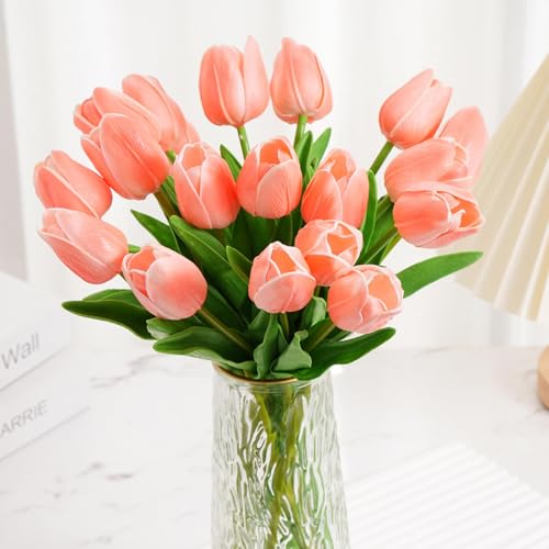 Beksodi Artificial Tulips Flowers, 20 Pcs Real Touch Latex Fake Tulips for Christmas Centerpiece Mother's Day Women's Day Gifts Flowers in Home Kitchen Wedding Decorations, PalePink