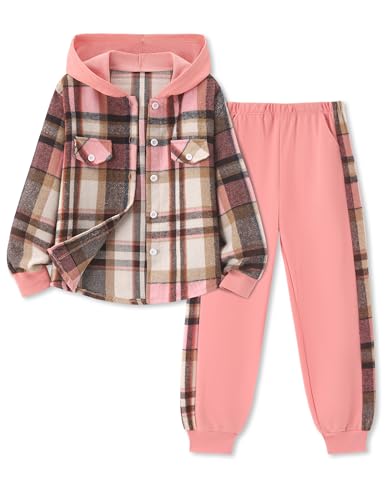 Girls Clothes Fall Outfits Classic Flannel Plaid Soft Cozy Hoodies for Girls Sweatshirt Sweatpant 2pcs Sets 7-14Y