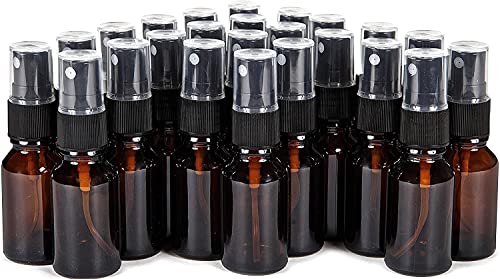 Botellas de aerosol de niebla fina de vidrio ámbar de tamaño de viaje de 15 ml, envases cosméticos con pulverizadores negros para productos de limpieza de aceites esenciales (24 piezas) Cover