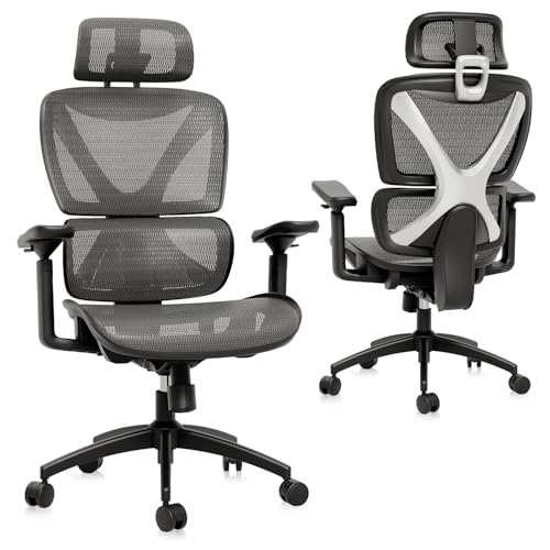 GABRYLLY Ergonomic Office Chair, Big and Tall Mesh Chair with Lumbar Support, 3D armrest – 215° Rotation, Adjustable Headrest & Soft Seat, Durable Desk Chair 350LBS for Work Gaming Computer,Grey