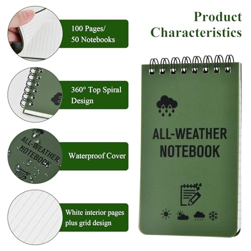 3 Pack Cahier imperméable, Cahiers tout-temps, Pocket Sized Top Spiral Notes, Army Green Police Notepad pour la maison de plein air Office École (3x5 De pouce)