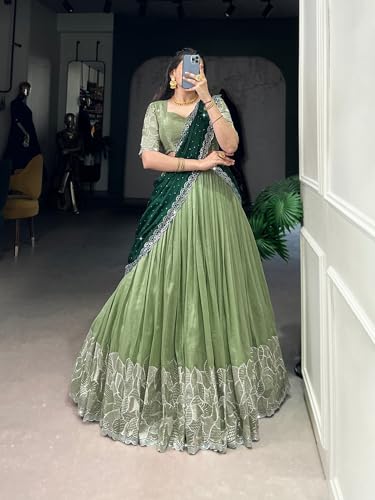 Image of Suppar Sleave Women's Embroidered Vichitra Silk Lehenga Choli Dupatta Set Semi-Stitched Blouse and Fit & Flare Style
