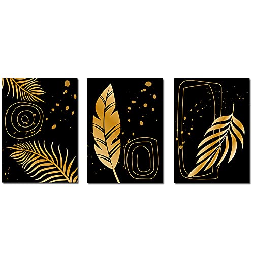 Peinture sur toile d'art mural Giclée aux formes de feuilles dorées, triptyque 50x75 cm