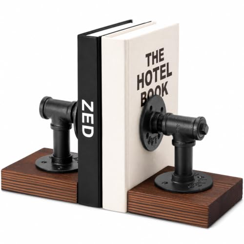 Dunzoom Heavy Duty Bookends for Shelves Industrial Metal and Wood Book Ends | 2 Piece Set Antique Steampunk Decorative Book Stopper, Black Iron Pipe Supports, Thick Wood Bases for Men Desk Office Library