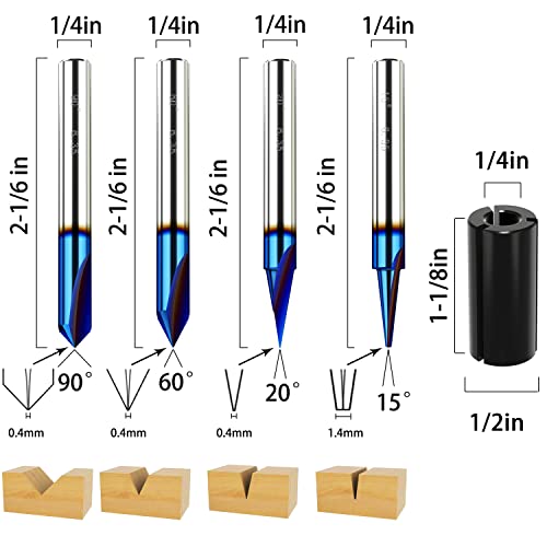 Engraving Cnc Wood Carving Router Bit Set 1/4 Inch Shank 15°, 20°, 60°, 90° Engraving Bits With Nano Blue Coated, 2 Flutes Straight Cnc V-Bit Tungsten Steel Marking Conical Engraving Router Tool #TOP1