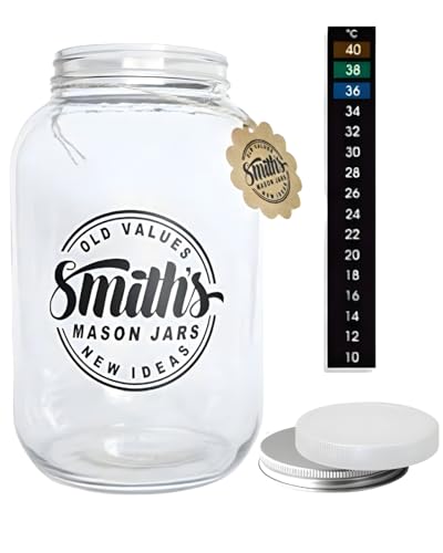 Smiths Mason Jars 1 Gallon (135oz/4L) Wide Mouth Glass Jar with 2 Pack Screw Top Lids - Ideal Kombucha Jars Fermentation Jar for Pickling, Food Homemade Preserve and Kimchi glass storage jars
