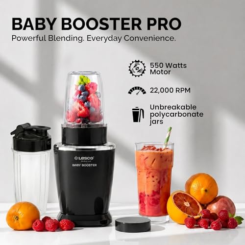 Image of Lesco Baby Booster Pro 550W Mixer Grinder & Nutri Blender|22000 RPM High Speed Bullet Mixer|2 Jars|Smoothie Maker, Juicer & Dry Grinder|Compact Multipurpose Kitchen Blender-Black