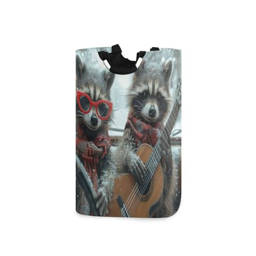 Jihqo Laundry Hamper Basket Cute Raccoons Play Guitar Collapsible Nursery Storage Bin Waterproof Clothing Baskets for Home Bedroom Bathroom Washing Room
