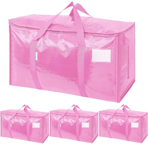 Image of TICONN 4 Pack Extra Large Moving Bags Heavy Duty with Zippers & Carrying Handles, Durable Storage Bags Moving Boxes for Closet Organizers and Storage (4 Pack, Pink)