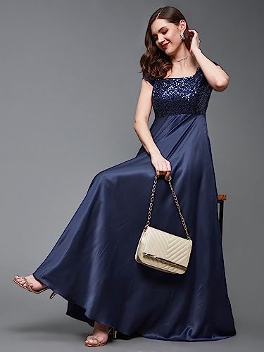 Image of Miss Chase Women's Halter-Neck Cap-Sleeve Pleated Embellished Georgette Maxi Dress