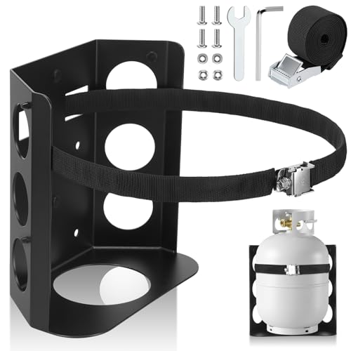 Hicarer Aluminum Propane Tank Mounting Bracket for 5 Ibs Bottle Aluminum Propane Tank Holder with Locking Strap and Protective Padding for BBQ Campervan Truck RV Trailer Overland Vehicle Boat
