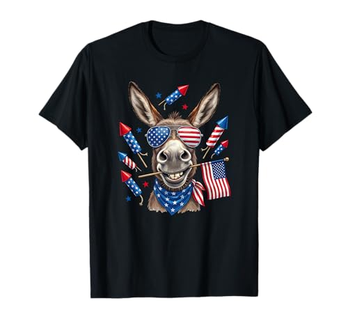 Funny Donkey American USA Flag Memorial Day 4 luglio Maglietta