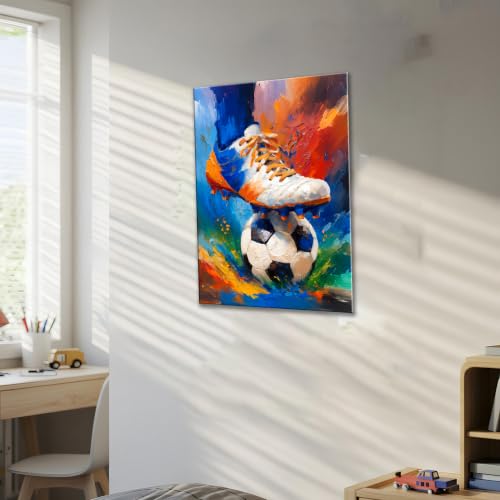 Image of Frimeeme Framed Soccer Canvas Decor & Wall Art, 12 inchX16 inchIn | for Modern Artwork Home Decor Bedroom Boys Room Teen Kids Playroom,Ready To Hang