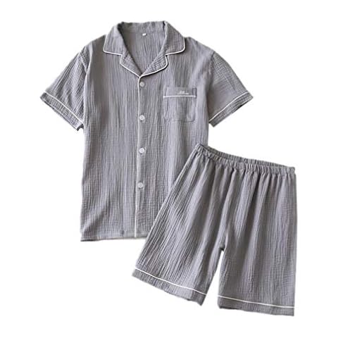 ECHERY Two-Pieces Man's Summer Gauze Sleepwear Suits Crepe Lounge Sets Grey Cover
