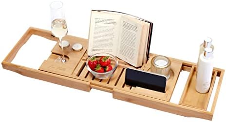 Lux Bath Extendable Bath Caddy | Hands-free Bath Tray to Safely Hold Your Tablet, Phone, Wine Glass and Candles | Fits Any Standard Bath | Non-slip, Water-resistant, and Made from Natural Bamboo