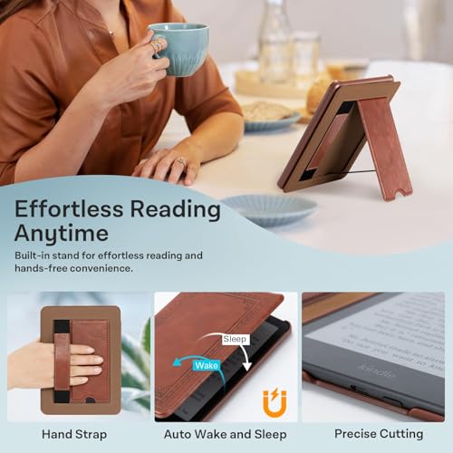 Image of CoBak Lightweight Stand Case for 7 inch Kindle Paperwhite 12th Gen 2024 and Kindle Colorsoft with Right Hand Strap - Compatible with iPhone MagSafe, for Samsung /Belkin /Anker Wireless Charging Pads